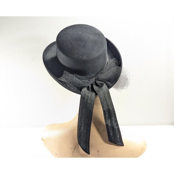 Vintage Women's Riding Top Hat, Black wool Italian Regency hat for women, - Picture 5 of 10